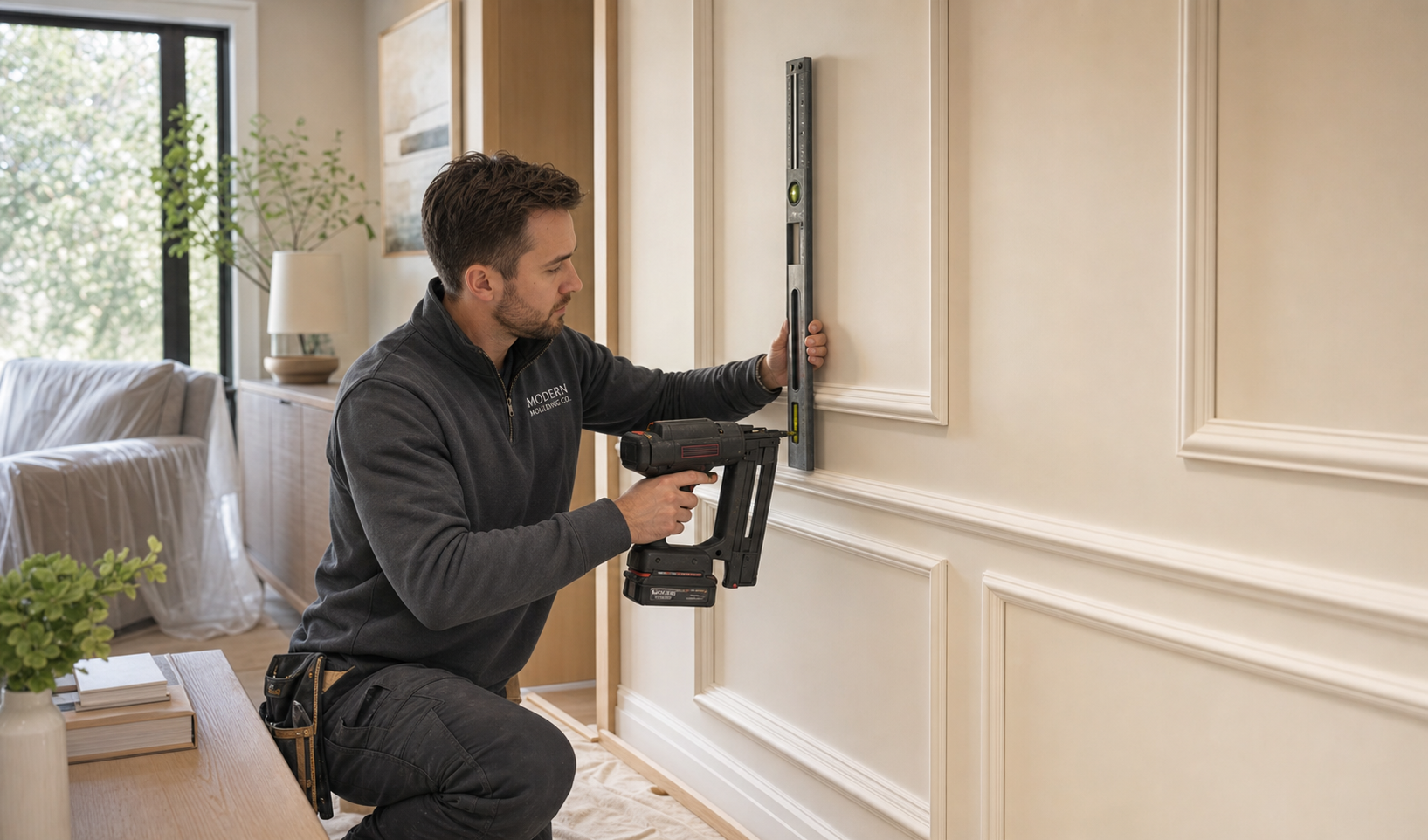 Modern Moulding Co. installer aligning and fastening decorative wall moulding in a furnished home