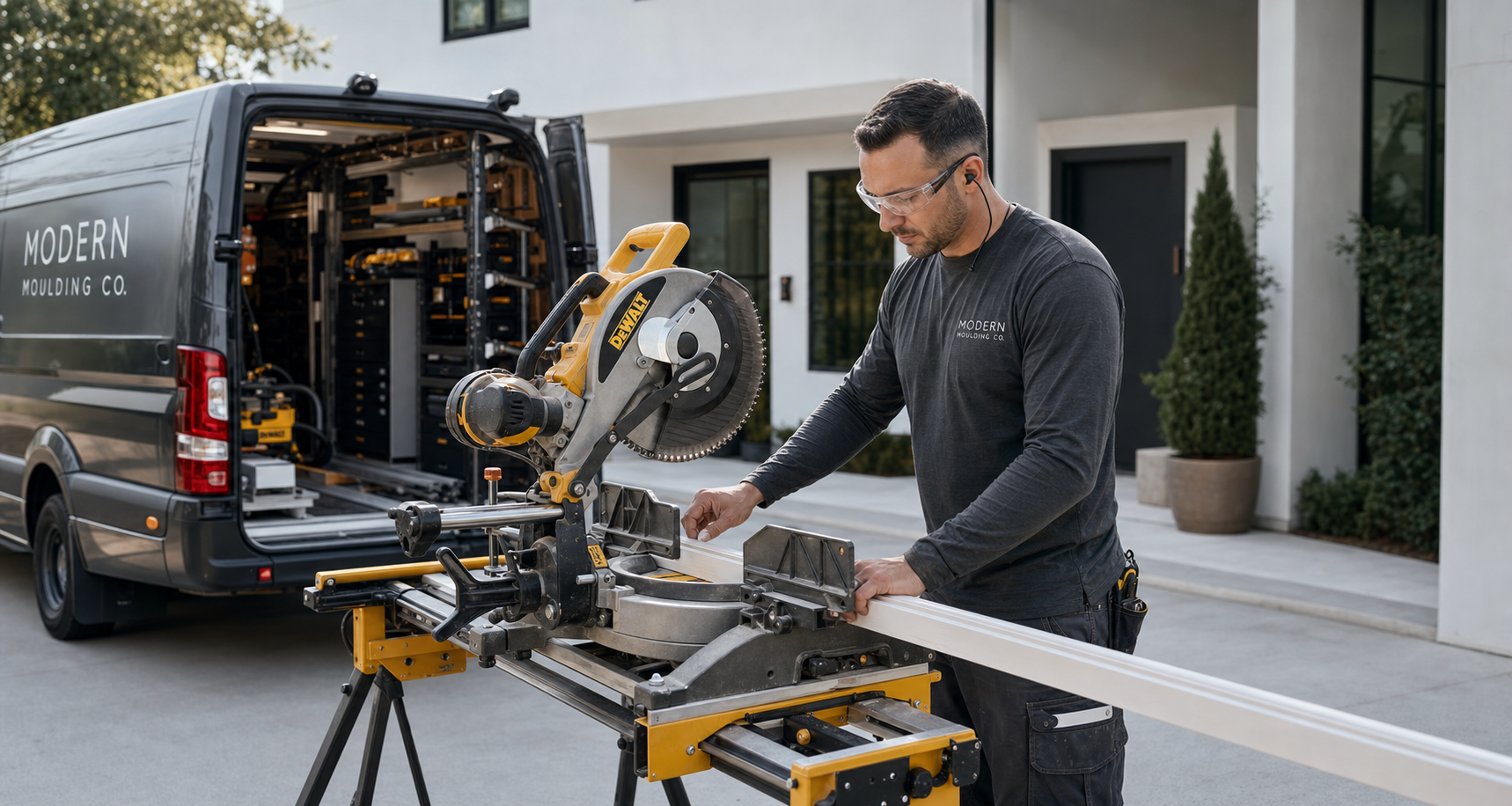 Modern Moulding Co. craftsperson preparing trim on a DeWalt miter saw outside a residential home