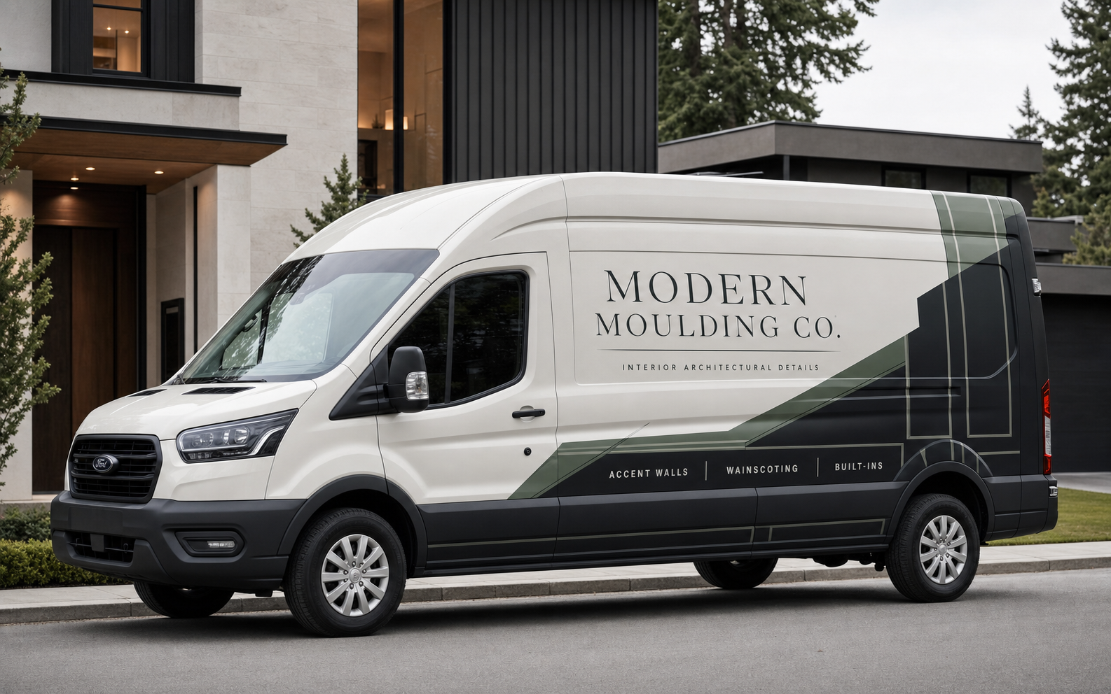 Modern Moulding Co. Ford Transit van with a charcoal, ivory, and sage full vehicle wrap
