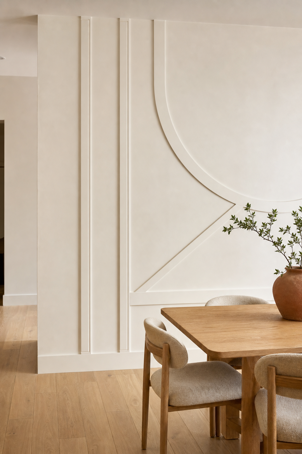 Modern dining room with a sculptural applied-moulding accent wall