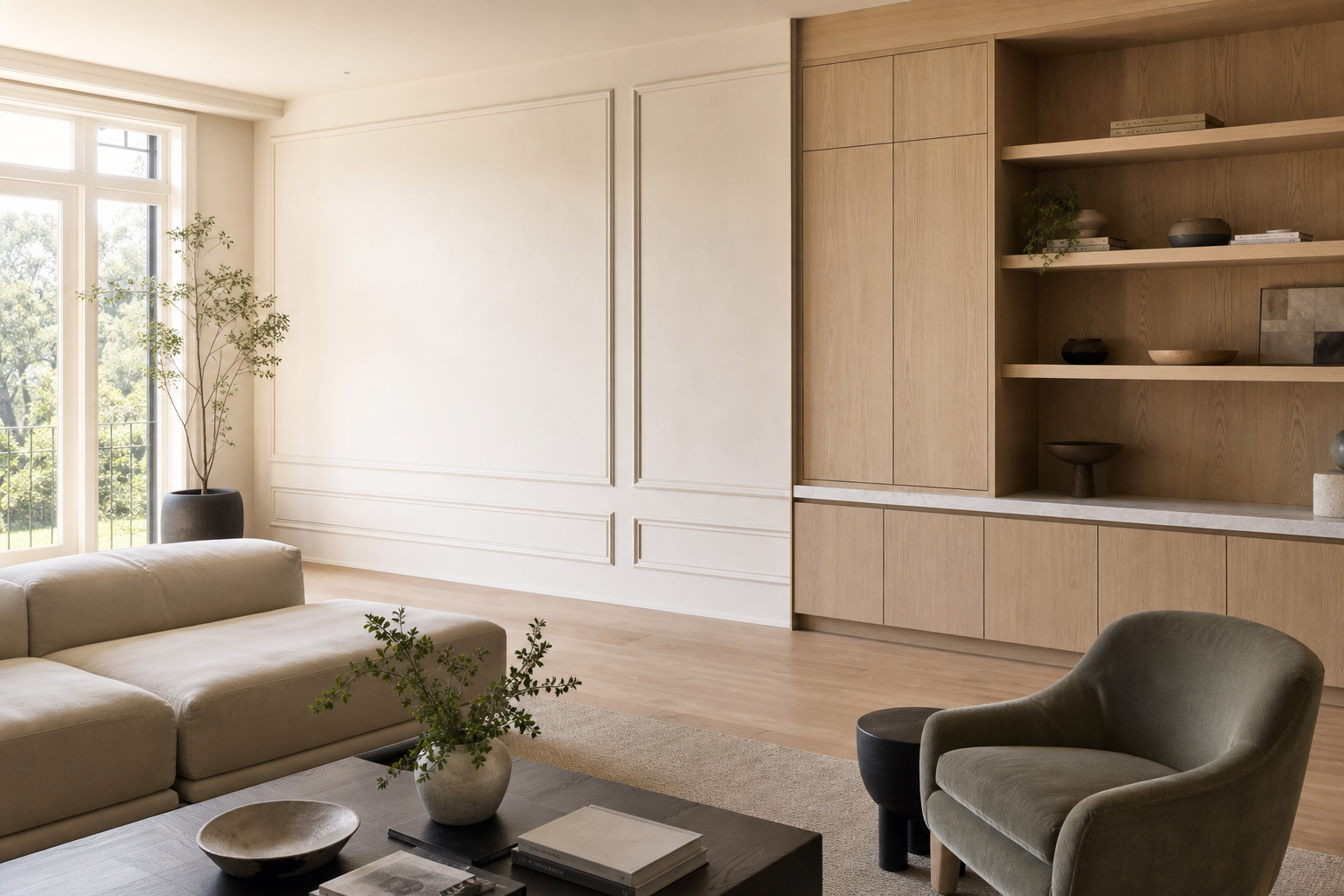 Modern living room with applied wall moulding and integrated oak cabinetry