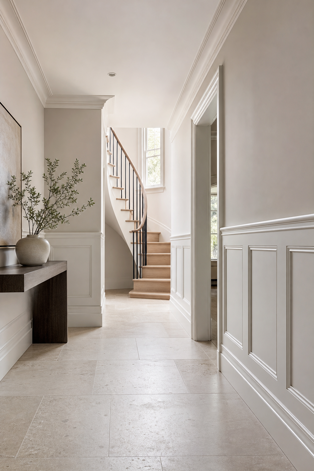 Bright residential entry hall with clean white wainscoting
